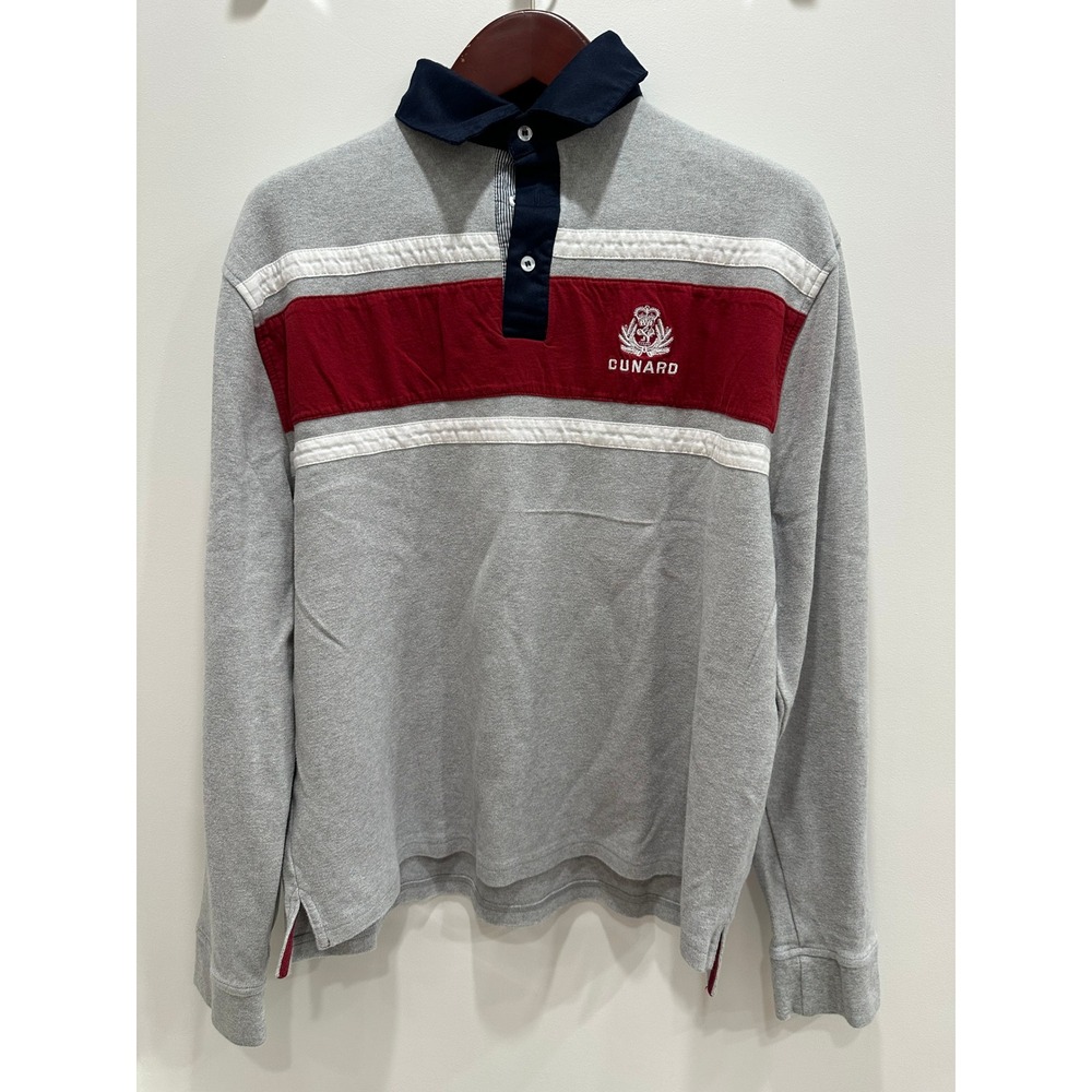 Cunard Mens Rugby Shirt XXL Grey Red Stripe Nautical Long Sleeve Polo Cotton